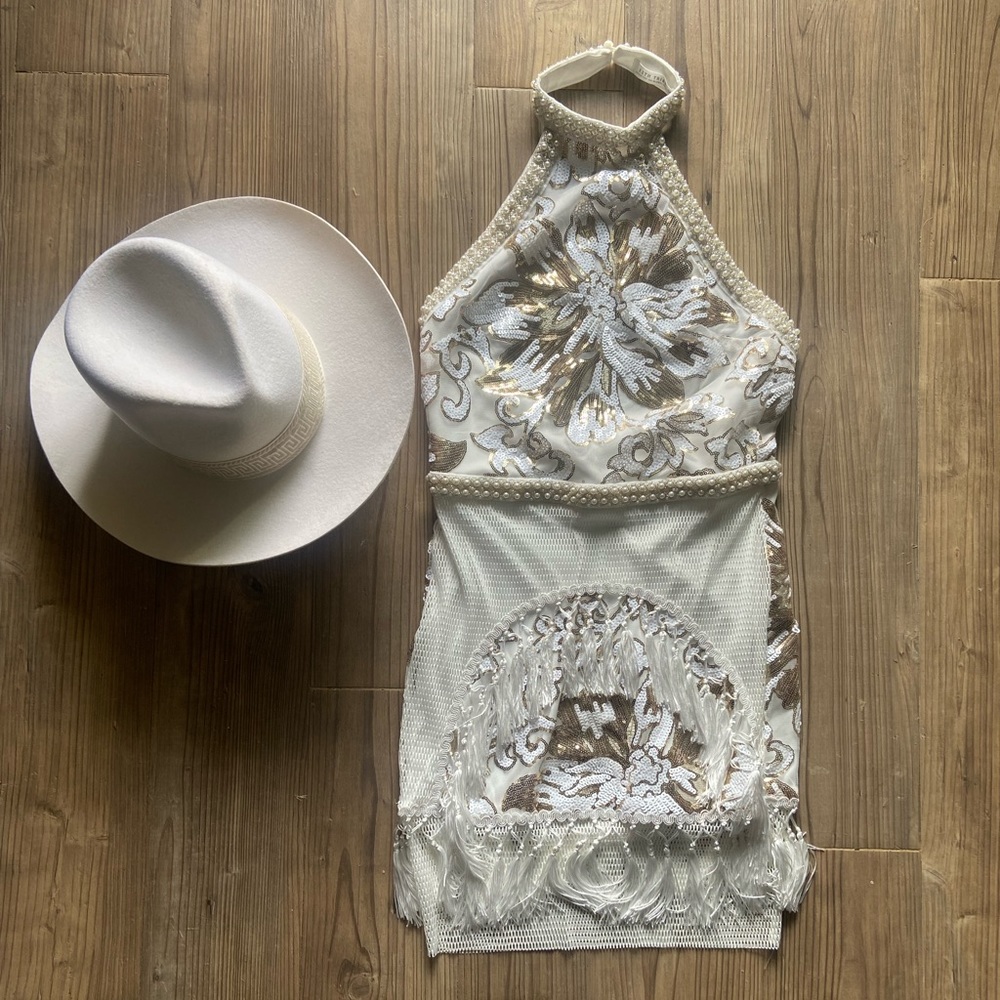 12th Tribe “LIKE GOLD DUST WHITE SEQUIN FRINGE DRESS” Size Medium